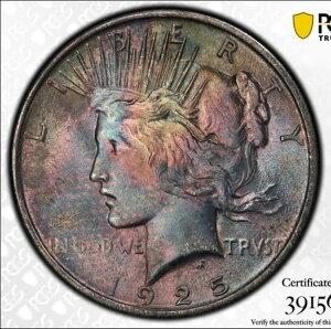1925�N �s�[�X 1�h�� PCGS MS63 ���Ɋ󏭂ȃe�L�X�^�C���J���[�R�C���I mikesartifacts