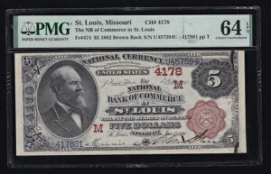 1882�N $5 �i�V���i�� �u���E�� �o�b�N NB �R�}�[�X �Z���g���C�X MO Chtr#4178 FR 474 PMG 64EPQ (594)