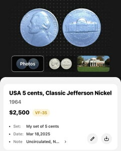 アメリカ 5セント、クラシック ジェファーソン ニッケル 1964