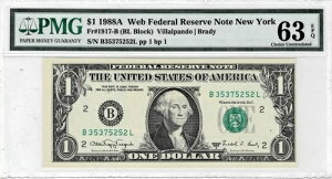 1988A $1 FRN'WEB'note-fr1917-B (BL Block) PMG UNC 63 EPQ-Key note--Near Top pop