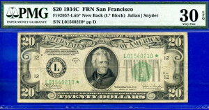 1934C 20hAMs PMG 30EPQ TtVXRVʃX^[ Fr 2057-Lnb