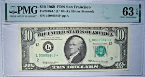 1969 $10 FRN Fr#2018-L* (L*BLOCK) ELSTON/KENNEDY �� �T���t�����V�X�R! PMG 63 EPQ �X�^�[!