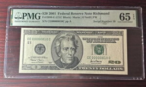 $20 2001 Fr#2088-E LOW VA CE 00000010 C 65 GEM 