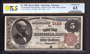 1882�N �Z���g�|�[�� �l�u���X�J�B 5�h�� �u���E���o�b�N������s�� PCGS B CHOICE UNC 63