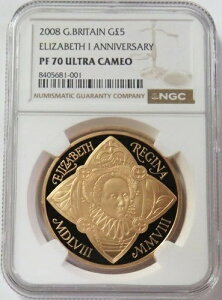2008年 イギリス 5ポンド金貨 エリザベス1世記念 NGC PF 70 UC
