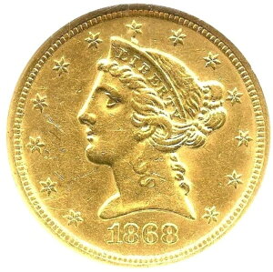 1868-S 5 ドル金貨、リバティ ハーフ イーグル、NGC AU-58、非常に魅力的、派手な希少な日付!