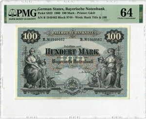 �h�C�c 100 �}�[�N 1900�APMG 64�A�uStates Bayerische Notenbank�v�s�b�N�ԍ� S922