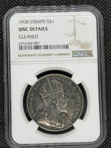 1908年 海峡植民地 キング・エドワード7世 1ドル UNC 詳細クリーニング済み