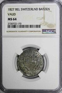 :1827 BEL 10-RAPPEN/1-BATZ �X�C�X KM#20 NGC MS64 ��|�b�v R-9 ���O���[�h