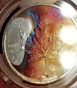 2014 年 $5 カナダ シルバー メープル PCGS MS-64 鮮やかなレインボー トーン、ストーリーあり!