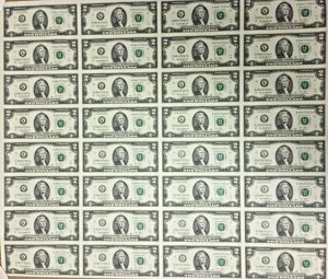 2 ドル紙幣未カット紙幣シート - 32 枚の紙幣 2013 年 ダラス、テキサス州 - 最後の 1 枚!