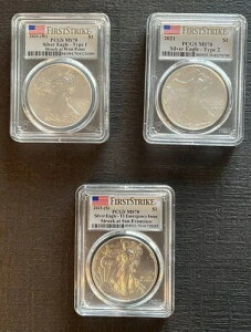 �i3�j2021�N PCGS MS70 �t�@�[�X�g�X�g���C�N �V���o�[�C�[�O�� �^�C�v1�A�^�C�v2�AT1 �ً}