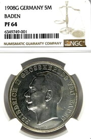 ドイツ諸州バーデン 1908年 5マルク硬貨 ターラー NGC PF 64ターラー プルーフ UNC 希少 PP