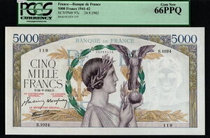 TT PK 97c 1941-42 �t�����X 5000�t���� PCGS 66 PPQ �W�F�� �V�i �X�e���m�[�g ����ȏ�ǂ����̂͂Ȃ�