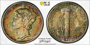 1945年 Sダイム ウィングド・リバティ・ヘッドまたはマーキュリー PCGS MS-67 FB マイクロS レインボー・トーニング