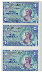 MPC $1 シリーズ 661 -UNC ?3 Cons. “Halo” 紙幣 3枚セット ? Mehilba E661 +ギフト付き! BS27a