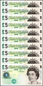 イギリス 5ポンド、2002年、P-391d、UNC X 10 PCS