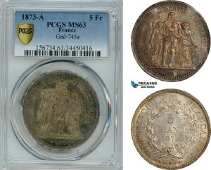 AI181、フランス第三共和政、5フラン 1873 A、パリ造幣局、銀貨、PCGS MS63