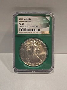 1992年 シルバーイーグル NGC MS69 初期生産 米国造幣局発行 未開封ボックス グリーンコア