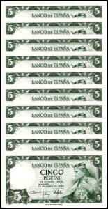 スペイン 5ペセタ、1954年、P-146、UNC × 10枚