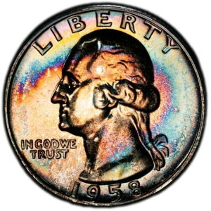PR66 1958年 25セント ワシントン銀貨 プルーフクォーター、PCGS トゥルービュー ビビッドレインボートーン