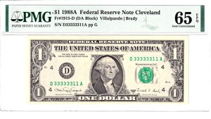 1988-A $1 FRN PMG 65EPQ �t�@���V�[ 1/3 �o�C�i�� �j�A�\���b�h 6�� �V���A���ԍ� D33333311A