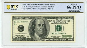 Fr. 2176-A* �{�X�g�� 1999�N 100�h�� �X�^�[�m�[�g - PCGS 66PPQ - Gem UNC - ��������