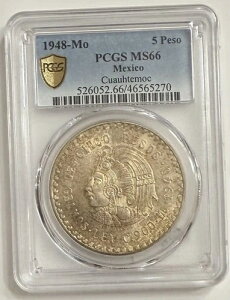 1948-Mo シルバー シンコ ペソ クアウテモック PCGS MS66+ - 魅力的なエッジ トーン!