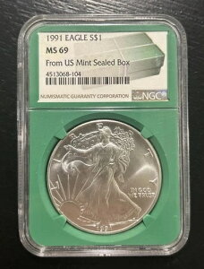 1991年 シルバーイーグル NGC MS69 初期生産 米国造幣局発行 未開封ボックス グリーンコア