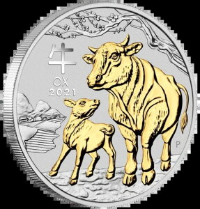 2021年 オーストラリア 丑年 金箔押し 1オンス 1ドル銀貨 OGP/BOX付き 金箔押し