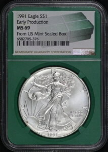 1991年 シルバーイーグル 米国造幣局 未開封 NGC MS-69 初期生産 グリーンコア