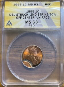 1995年 P リンカーン セント エラー ANACS MS63 レッド ダブルストラック セカンド オフセンター ユニフェイス