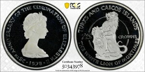 1978�N �^�[�N�X�E�J�C�R�X���� 25�N���E�� �V���o�[�v���[�t �z���C�g���C�I�� ���[�e�B�}�[ - PCGS PR67DCAM