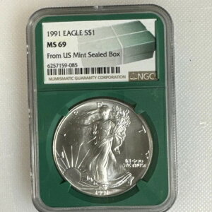 1991 年 1 ドル アメリカン シルバー イーグル 米国造幣局 未開封ボックス グリーン コア NGC MS69。