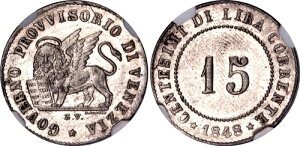 �C�^���A���B ���F�l�c�B�A 15 �Z���e�V�~ 1848 ZV NGC MS63 KM# 801 �r���� �R�C��