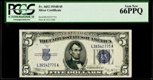 1934�N B 5�h����ݏؖ��� Fr.1652 PCGS 66 PPQ ��΃V���A���ԍ� L36542775A