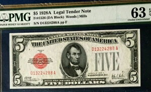 1928A $5 PMG63 EPQ CHOICE UNCAč@莆AWOODS/M ILLS RED SEAL 3653