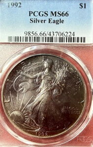 1992年 シルバーイーグル PCGS MS-66 ディープパープル/グリーン レインボートーン