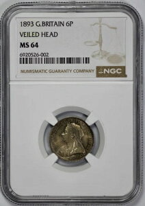 1893年 イギリス 銀貨 6ペンス シックスペンス NGC MS 64 ベールヘッド