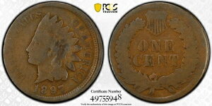 1897�N P 1�C���` �l�b�N �u���[�h�X�g���b�N �G���[ �C���f�B�A���w�b�h �Z���g PCGS AG 03