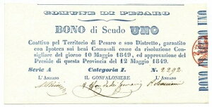 1 SCUDO MATRICE DEL BIGLIETTO BONO COMUNE DI PESARO STATO P. 10/05/1849 FDS-/FDS