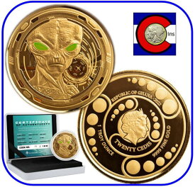 【極美品/品質保証書付】 アンティークコイン モダンコイン [送料無料] 2022ガーナ共和国宇宙エイリアンカラープルーフゴールド1オンスコインw/ coa＆ogp 2022 Republic of Ghana Space Alien Colorized Proof Gold 1 oz Coin w/ COA & OGP