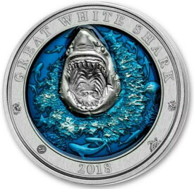 【極美品/品質保証書付】 アンティークコイン モダンコイン [送料無料] 2018 $ 5バルバドスアンダーウォーターワールドグレートホワイトサメアンティーク3オンスシルバーコイン。 2018 $5 Barbados Underwater World GREAT WHITE SHARK Antiqued 3 Oz Silver Coin.