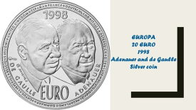 【極美品/品質保証書付】 アンティークコイン モダンコイン [送料無料] Europa 20ユーロ1998アデナウアーとデゴールシルバーコイン EUROPA 20 EURO 1998 Adenauer and de Gaulle Silver Coin