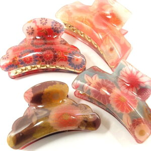 【限定品 残り2p】 花柄 アクリル バンス クリップ 〔ヘアクリップ パンス 和柄 和風 フラワー ピンク パープル〕