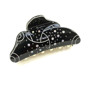 バンス クリップ 変形三角 ブラックxゴールド アクリル ホワイトデザイン スタッズ ラインストーン付き 〔ヘアクリップ 黒x白線 キラキラ 髪留め ヘアアクセサリーハーフアップ 夜会巻き フ