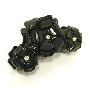 【残り黒のみ】バンスクリップ アクリルカットストーン 大小3つのお花 ブラックベース 9cm 〔ヘアクリップ 大きめ 髪どめ パンス 黒 フラワー 華やか ハーフアップ しっかりとまる ヘアアク