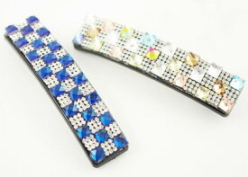 バレッタ カットガラス チェック スクエア ロング 〔髪どめ キラキラ 豪華 ゴージャス ラインストーン 華やか 髪どめ ヘアクリップ ヘアアクセサリー〕