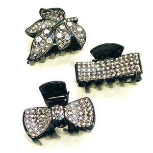 【限定品】バンスクリップ 中サイズ モノトーン スタッズ&ラインストーン 〔ヘアクリップ 派手すぎないキラキラ 髪どめ 黒ベースxシルバースタッズxオーロラクリア石 リーフ 葉っぱ リボ