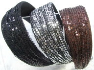 【残り黒のみ】ワイド カチューシャ スパンコール くしゅくしゅメッシュレース 〔巾広 ヘアバンド 髪留め…